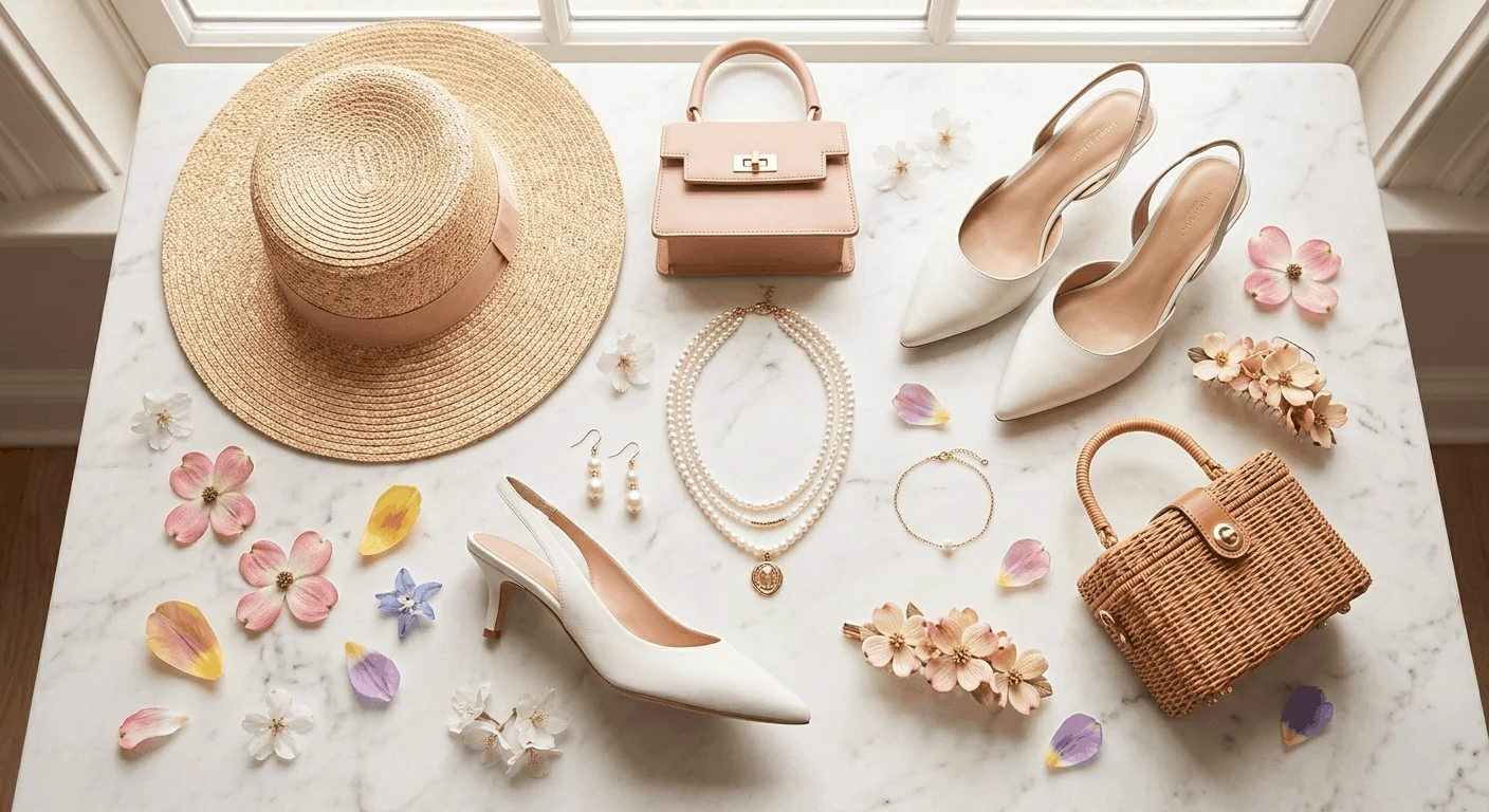 Easter accessories for women 2026 including pearl jewelry, wide-brim straw hat, blush mini bag, and white kitten heels arranged as a styled flat lay