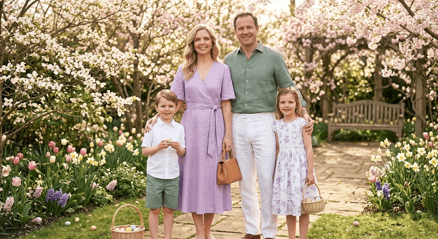Family wearing coordinated Easter outfits in 2026 in lavender, white, and sage green for Easter Sunday family photos and celebrations