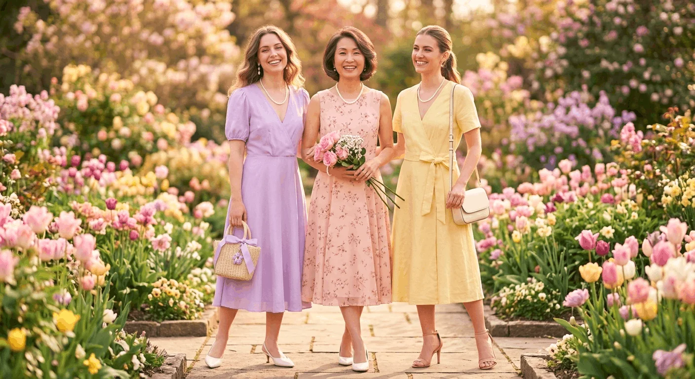 Three women wearing Easter outfits in 2026 including lavender midi dress, blush pink floral wrap dress, and butter yellow linen set in a spring garden setting