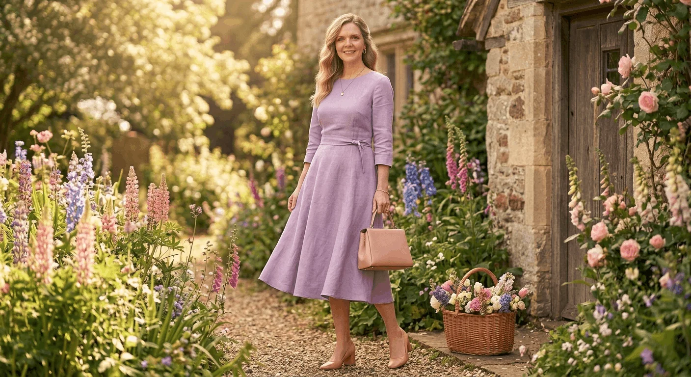 Elegant woman over 50 wearing a structured lavender midi dress with gold jewelry and nude heels as an Easter Sunday outfit idea for 2026