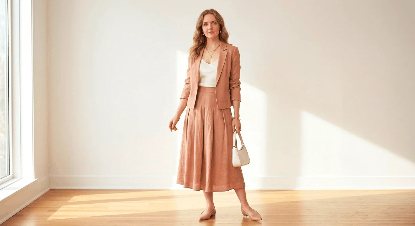 Woman wearing a blush linen matching blazer and midi skirt Easter two-piece set styled with pointed-toe flats and pearl studs for Easter 2026