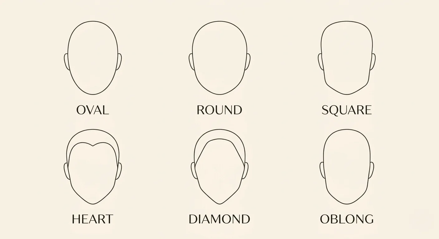 Face shape guide for sunglasses women — illustrated diagram showing oval, round, square, heart, diamond, and oblong face shapes