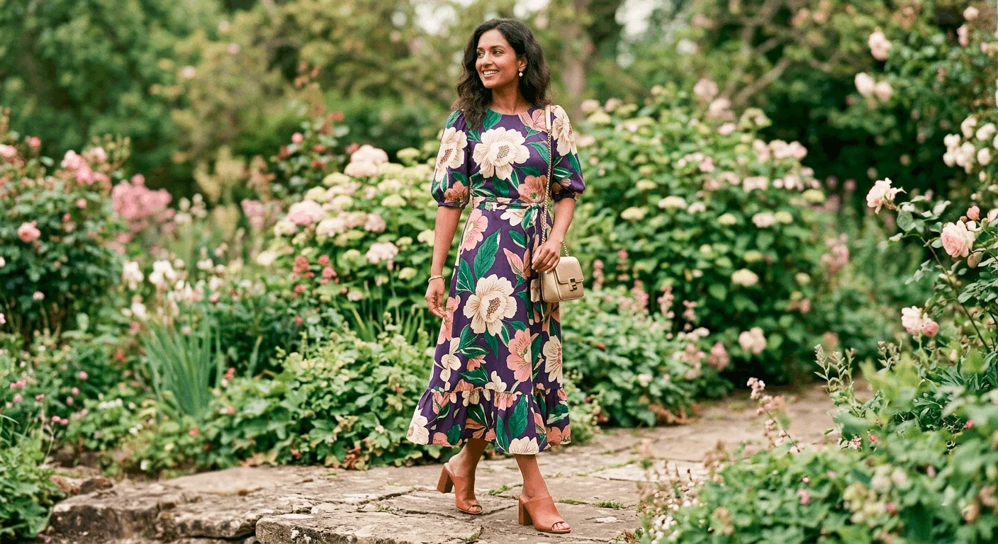 Spring 2026 color trends — terracotta linen shirt tucked into light-wash wide-leg jeans with tan sandals and woven rattan tote at a spring café terrace