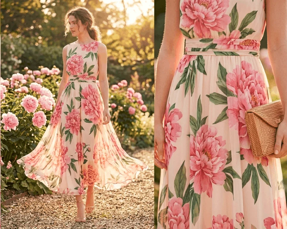 Woman in a bold floral maxi dress with an oversized print in pink and green for spring 2026, wearing strappy heeled sandals at an outdoor garden setting
