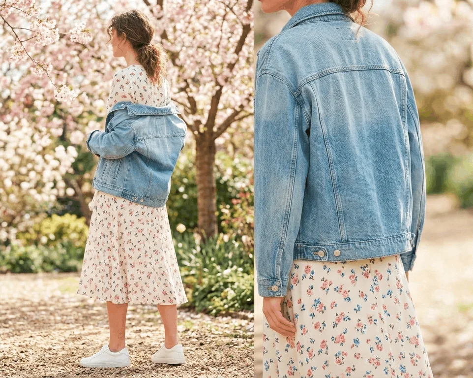 Woman wearing a wrap-style floral midi dress in a soft ditsy print for spring 2026, styled with white trainers and a denim jacket