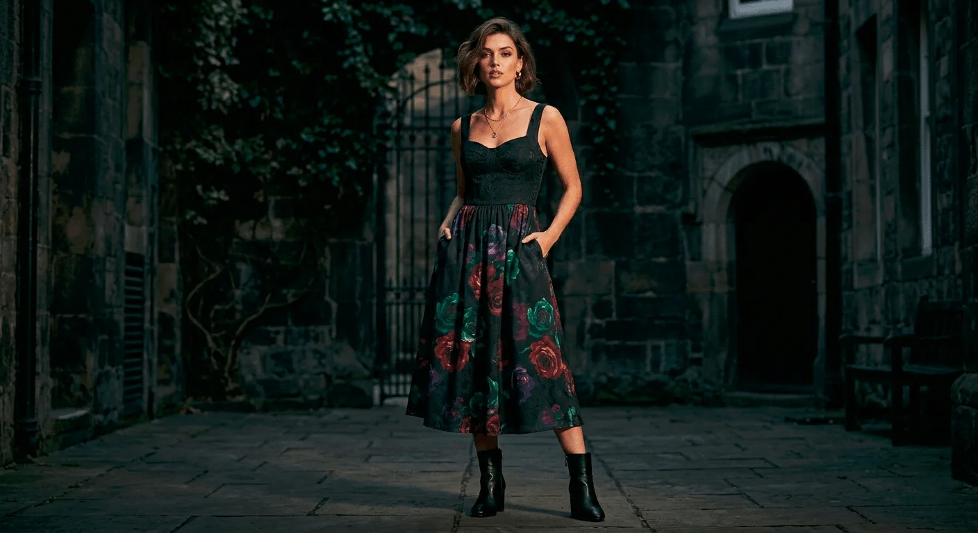 Model in a gothic floral dress for spring 2026 — a deep black midi with jewel-toned rose print, paired with black ankle boots and a gold necklace in a moody editorial setting
