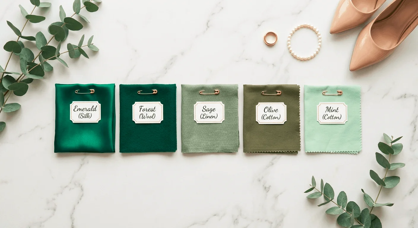 Green outfit shades for St. Patrick's Day 2026 — emerald, sage, forest, olive and mint fabric swatches styled with gold accessories