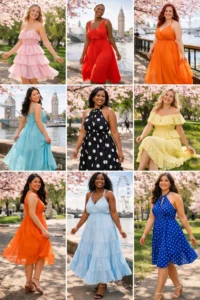 Collage of 10 must-have UK Spring 2026 Dress Trends from ruffle dresses 2026 to maxi dresses spring 2026 in London settings.