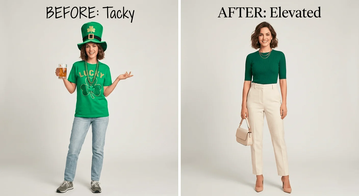 How to wear green without looking tacky on St. Patrick's Day — stylish outfit vs costume comparison for women 2026