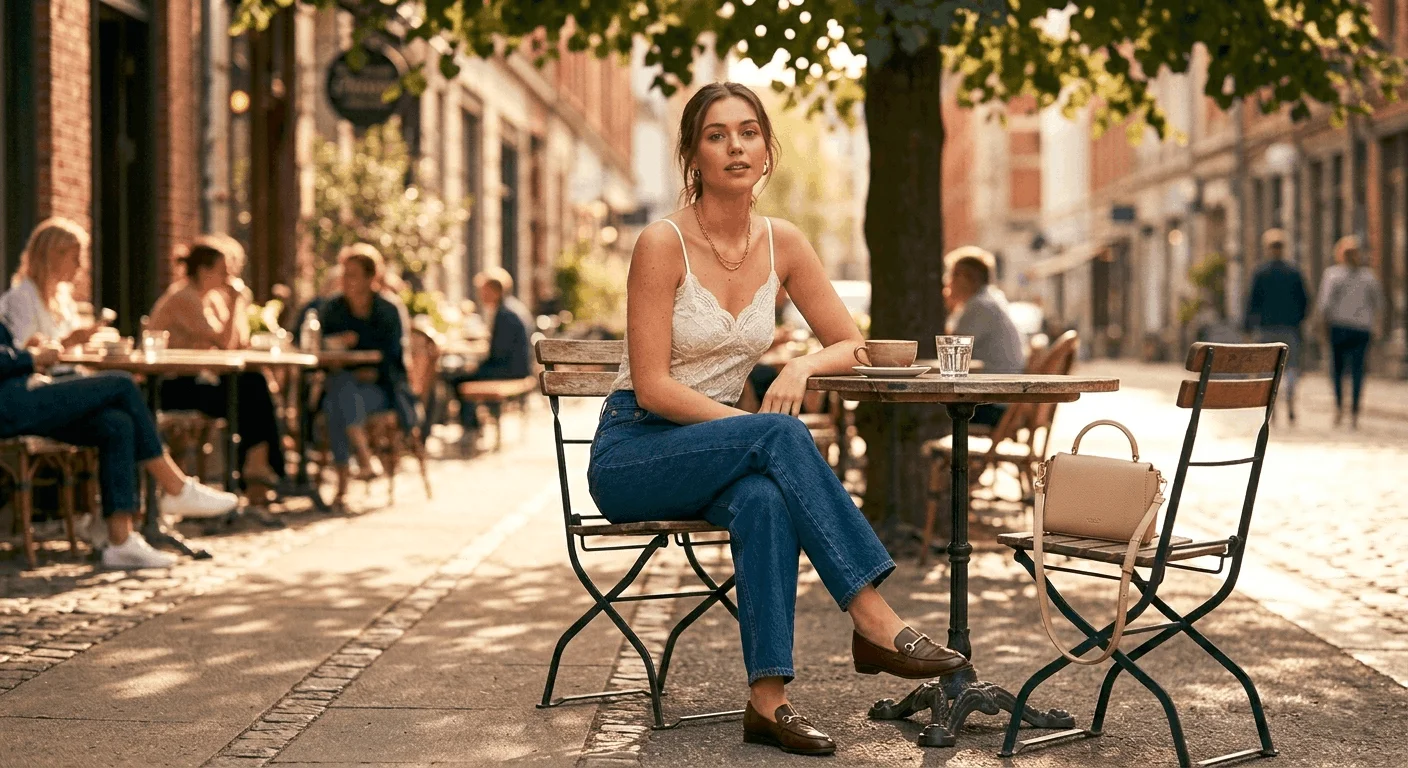 lace camisole and straight leg jeans spring outfit idea 2026 outdoor café street style