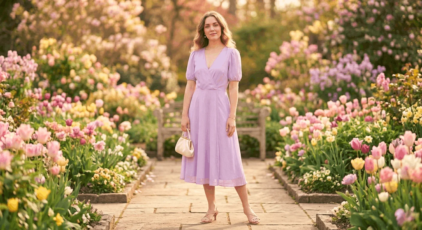 Woman wearing a lavender chiffon wrap midi dress styled with nude heels and pearl jewelry as an Easter outfit for women 2026