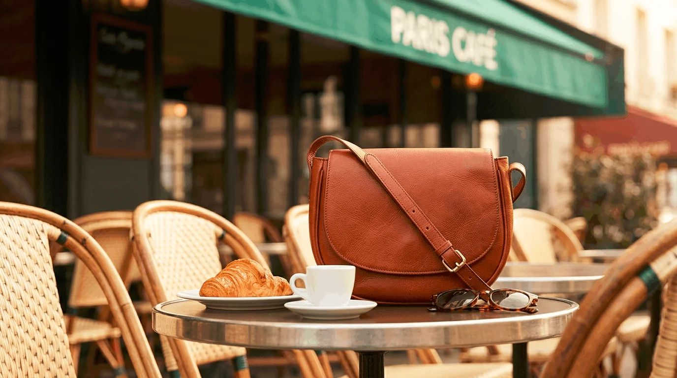 Luxury leather travel crossbody bag for women on a Parisian café table — best leather crossbody bag for travel Europe