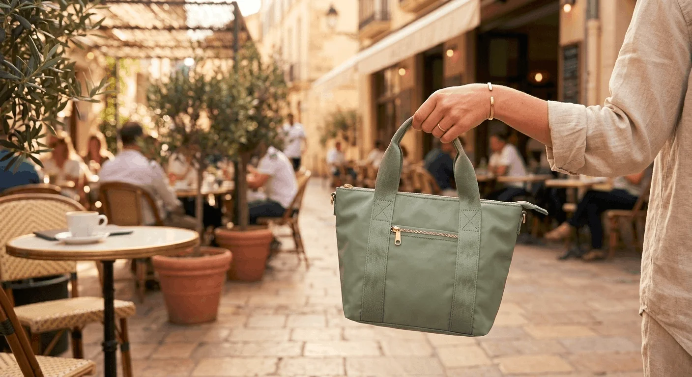 A lightweight mini nylon tote bag in sage green held by a woman at an outdoor cafe — perfect lightweight tote bag for everyday use