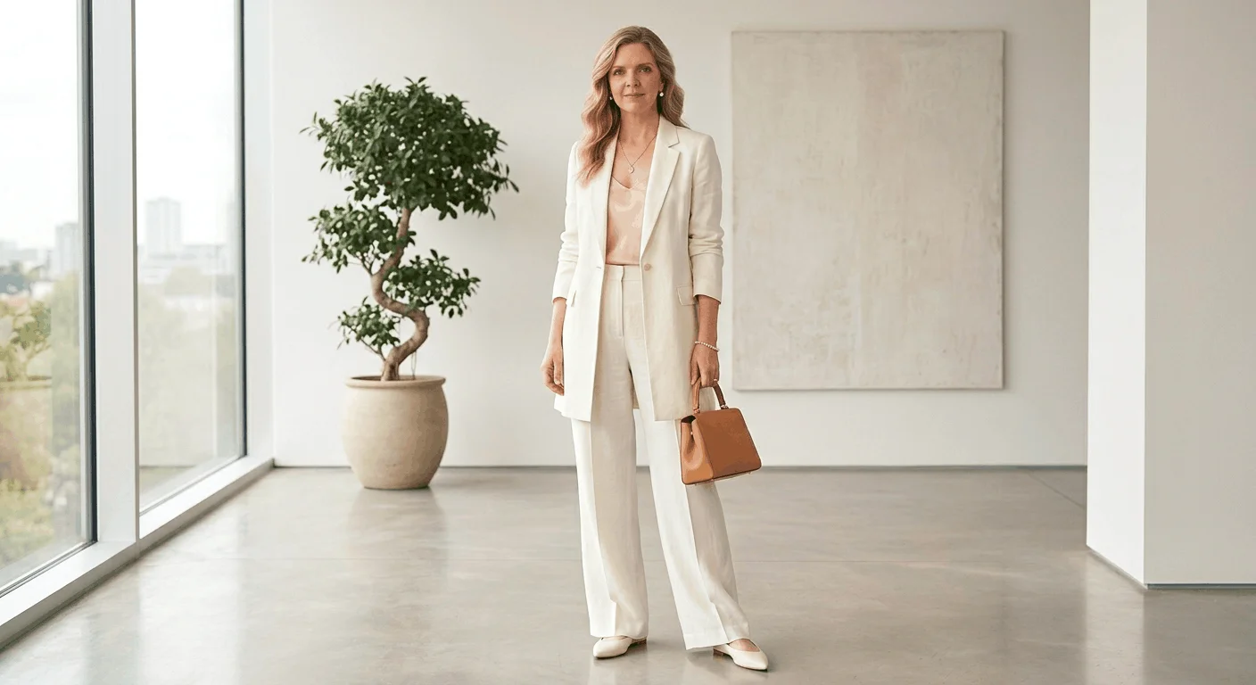 Woman over 50 wearing an ivory linen longline blazer and wide-leg trouser set as a polished Easter outfit for women 2026 styled with pearl studs and pointed-toe flats