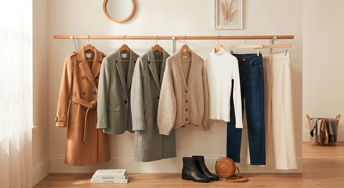 March capsule wardrobe for UK women — organised wardrobe rail featuring a camel trench coat, sage blazer, chunky cardigan, wide-leg trousers, and ankle boots for spring transitional dressing