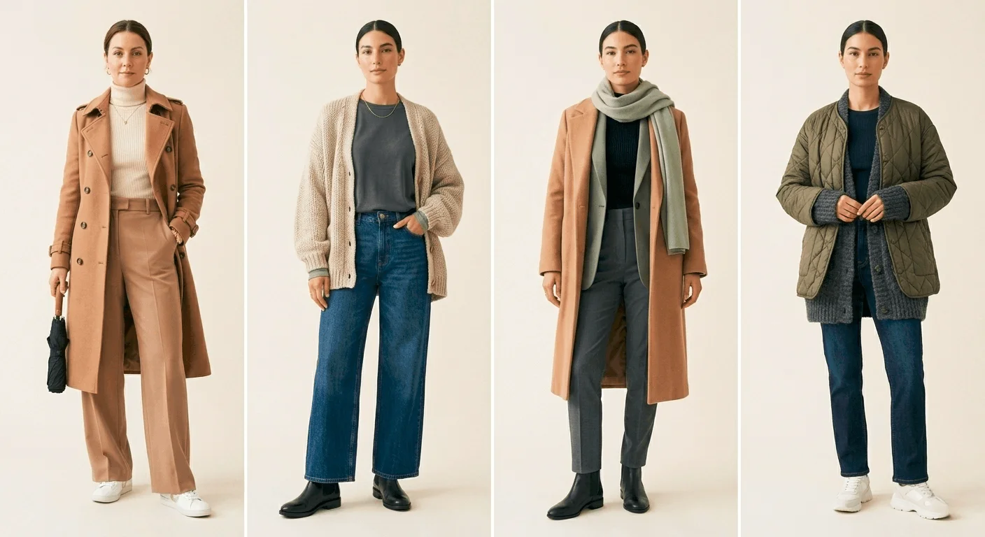 Four March outfit ideas for UK weather — including trench coat look, casual cardigan layers, smart-casual blazer outfit, and rainy day quilted jacket style