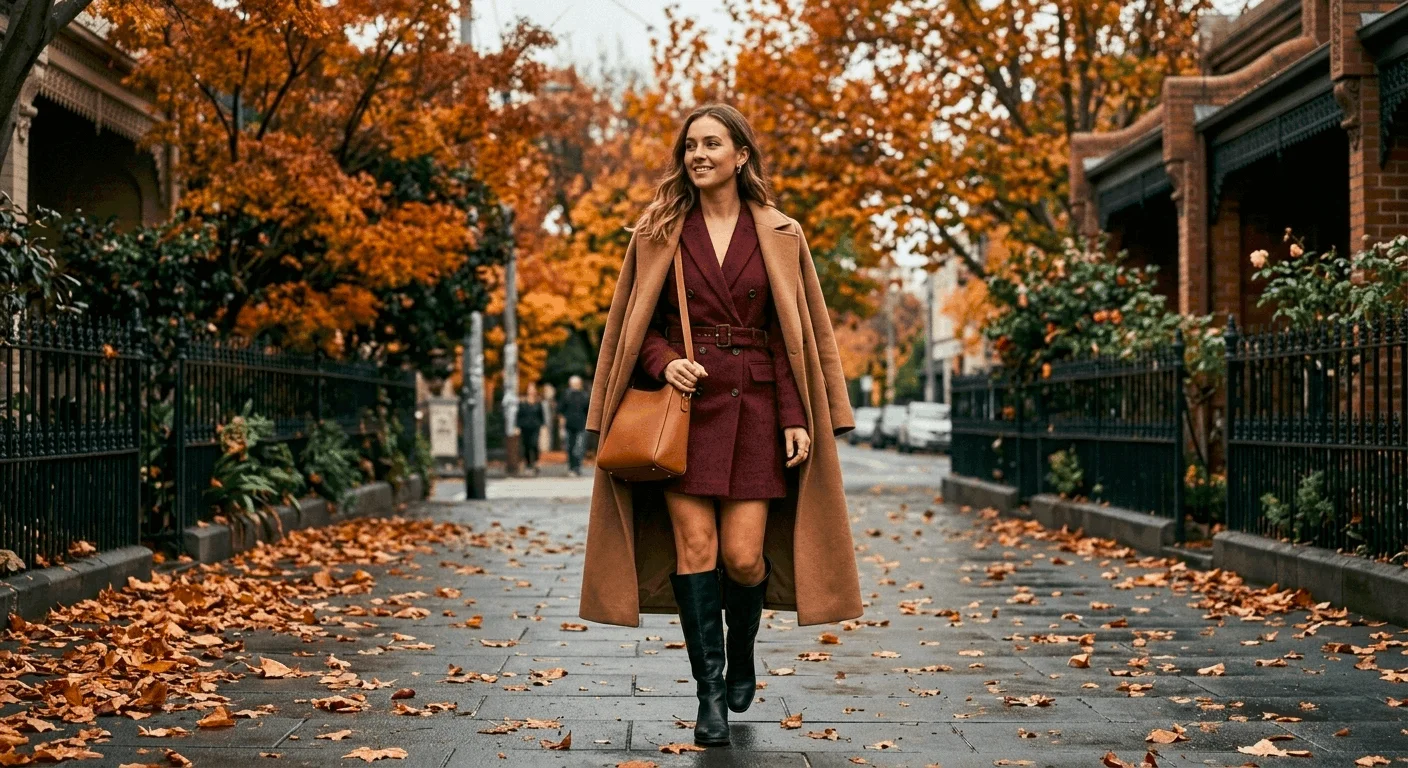Women's autumn fashion Australia 2026 May outfit — deep forest green blazer dress with knee-high boots and camel coat for a chic layered look