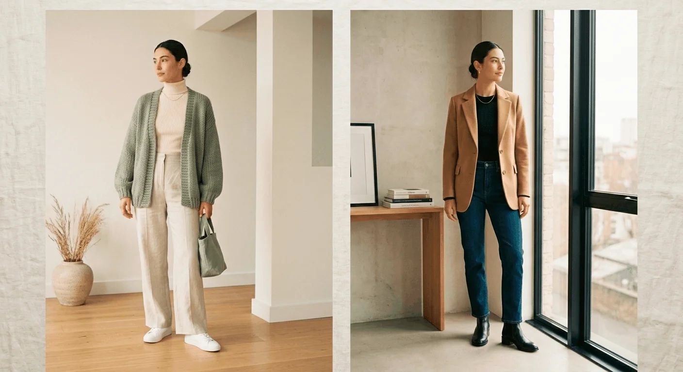 Two mid-layer outfit ideas for UK March — oversized sage green cardigan with wide-leg trousers on the left, and a camel blazer with straight-leg jeans on the right