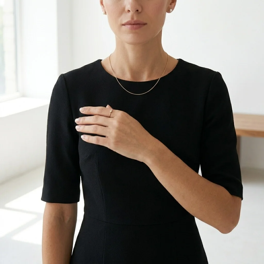 Minimalist jewelry with a little black dress – thin gold chain necklace, diamond studs, and delicate ring for a clean elegant look