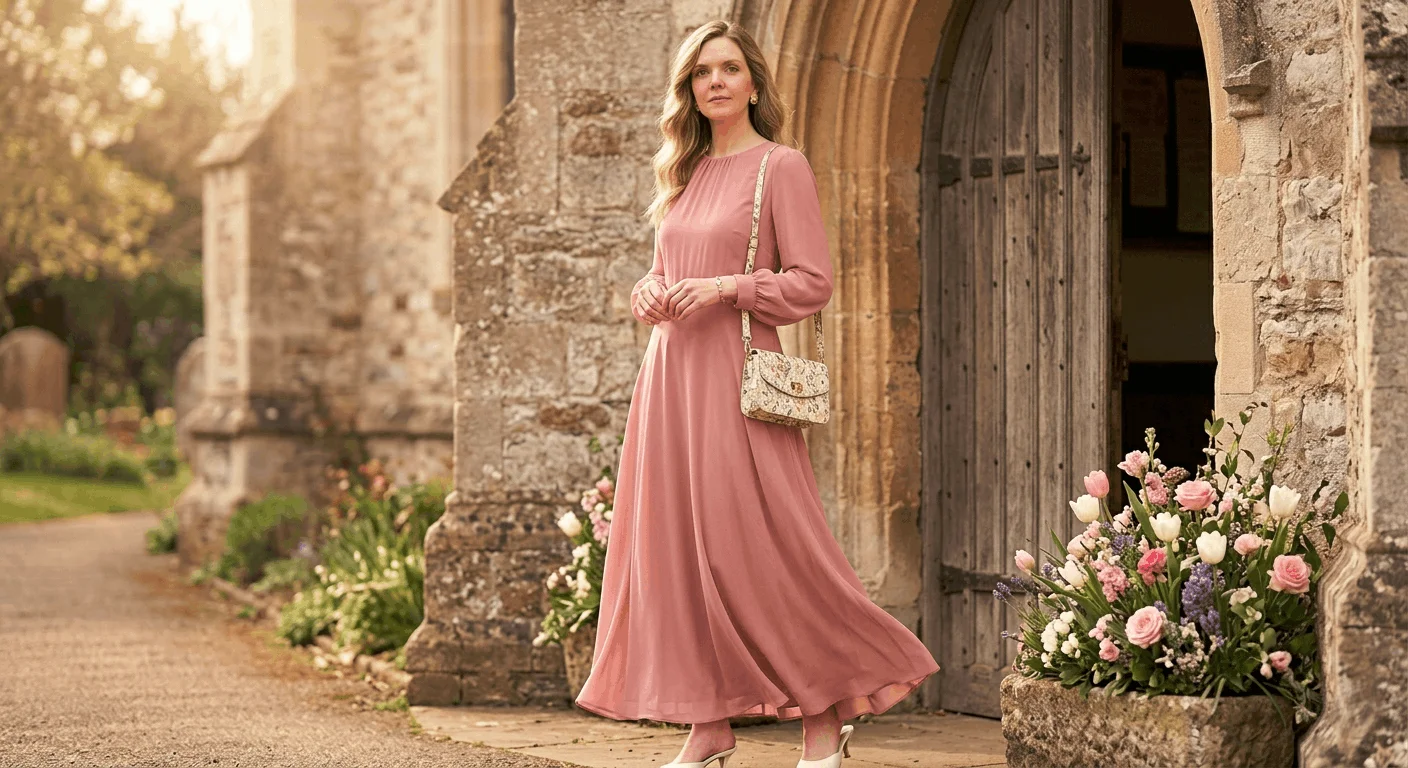 Woman wearing a modest long-sleeved dusty rose maxi dress as an Easter church outfit for women 2026 styled with white kitten heels and delicate gold jewelry