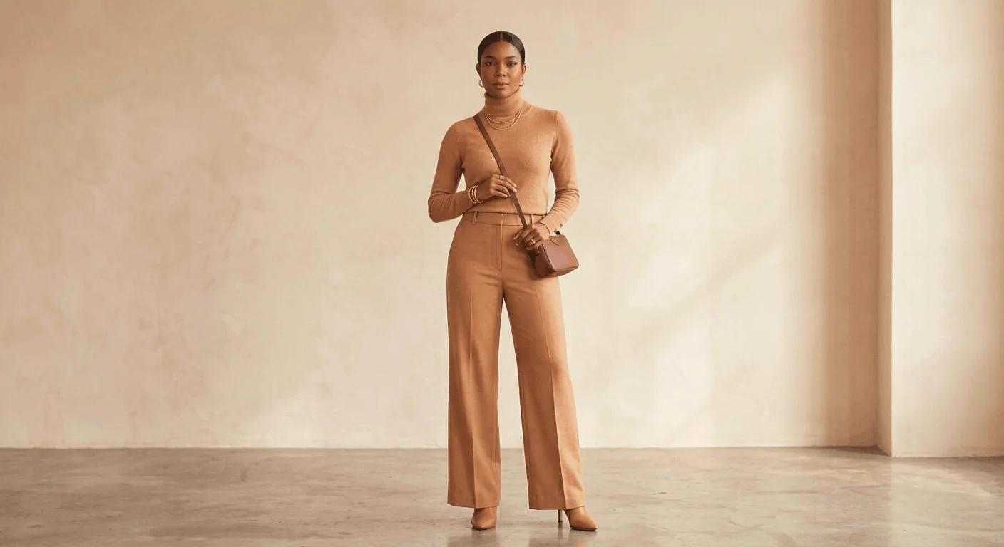 Monochromatic camel outfit for Women's Day 2026 — head-to-toe tonal power dressing look for women