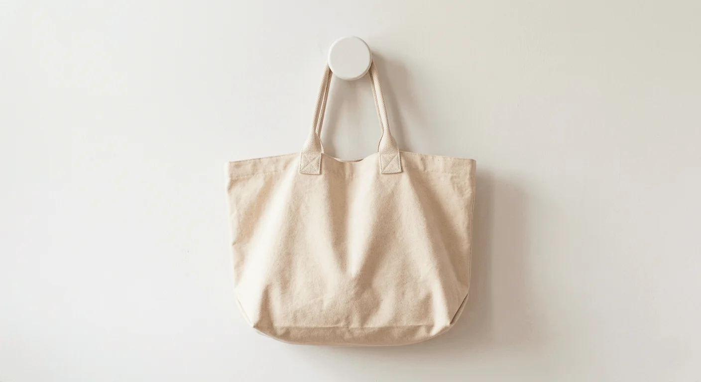 Oversized canvas tote bag in natural cotton hanging on a white wall — a timeless everyday tote bag worth buying in 2026