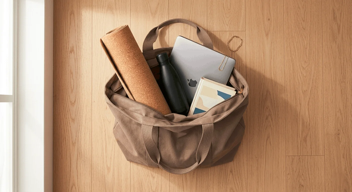 Oversized canvas tote bag in natural cotton hanging on a white wall — a timeless everyday tote bag worth buying in 2026