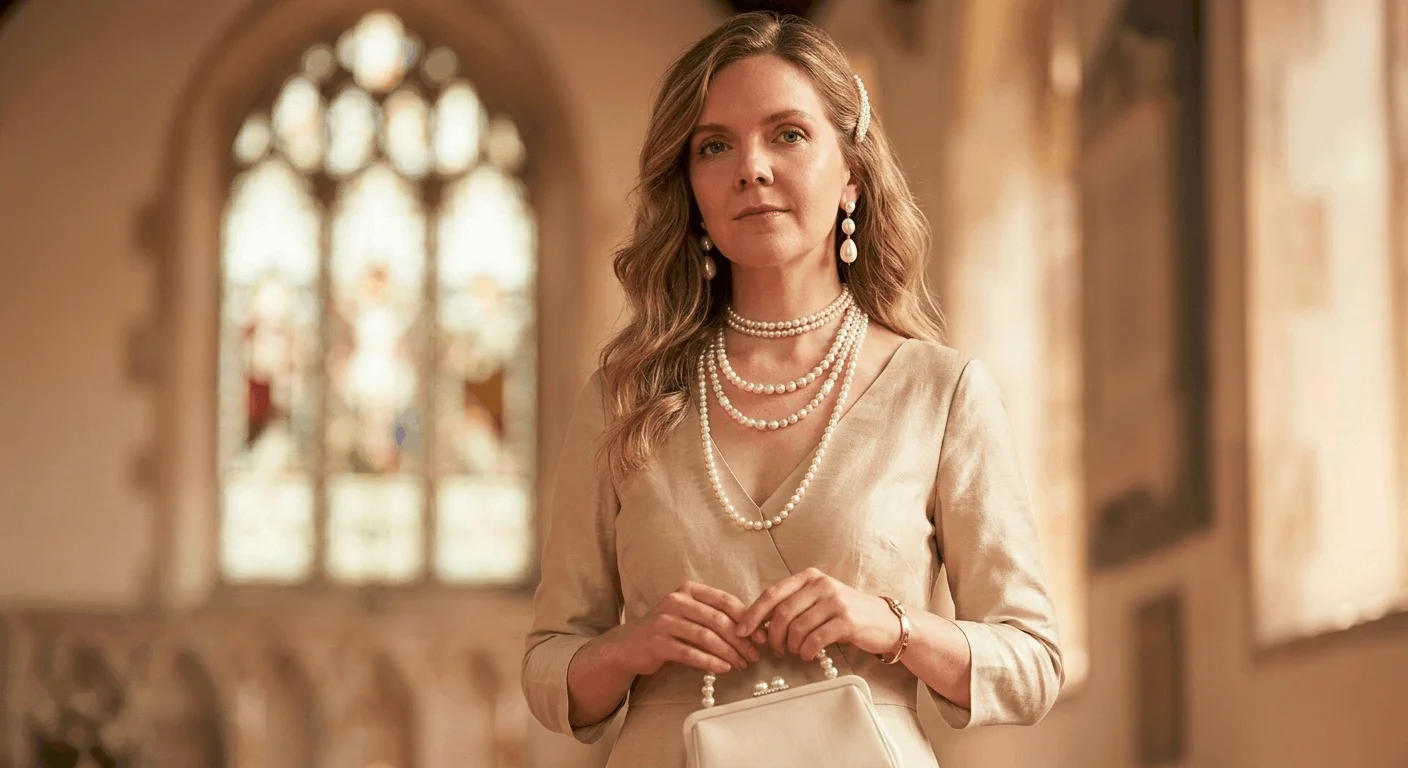 Woman wearing a champagne midi dress with layered pearl necklaces and pearl drop earrings as an elegant Easter church outfit for women 2026