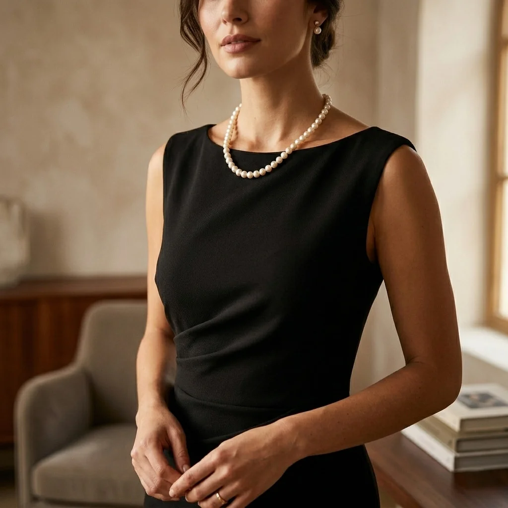 Pearl necklace styled with a little black dress – classic and elegant jewelry combination for 2026