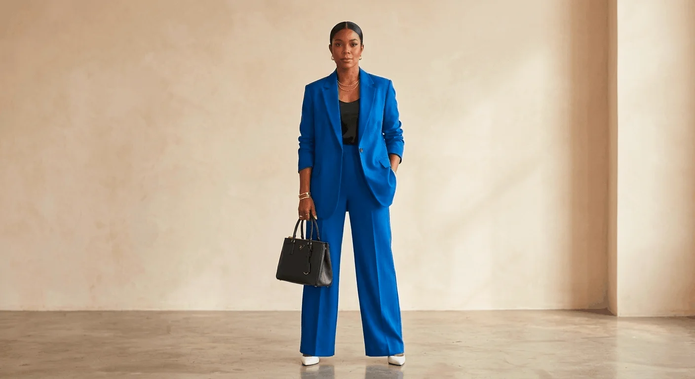 Power suit boss lady outfit for International Women's Day — cobalt blue blazer and wide-leg trousers on a confident woman