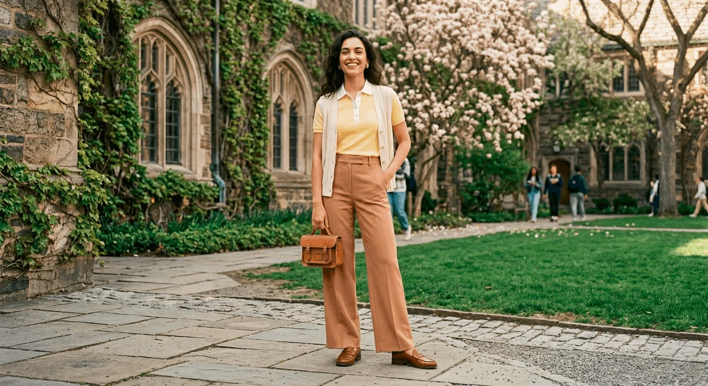 Preppy spring outfits 2026 — yellow polo shirt tucked into wide-leg camel trousers with tan loafers and cream knit vest, Miu Miu-inspired street style look