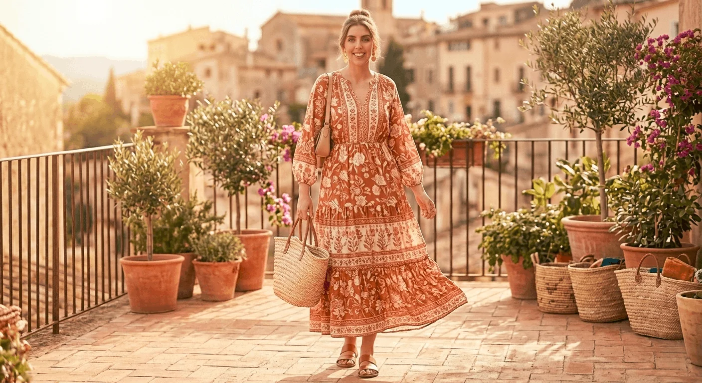 printed maxi dress spring outfit 2026 floral terracotta maxi with flat sandals and gold earrings