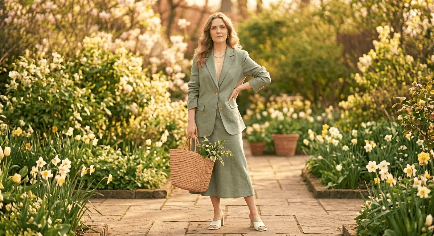 Woman wearing a sage green linen blazer set midi skirt Easter outfit styled with white mules and raffia bag for Easter 2026