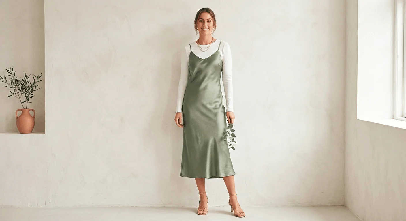 satin slip dress spring outfit 2026 sage green midi dress with white long sleeve and strappy sandals