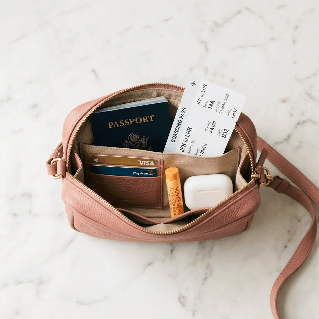 Small crossbody bag for international travel showing organized interior with passport and boarding pass