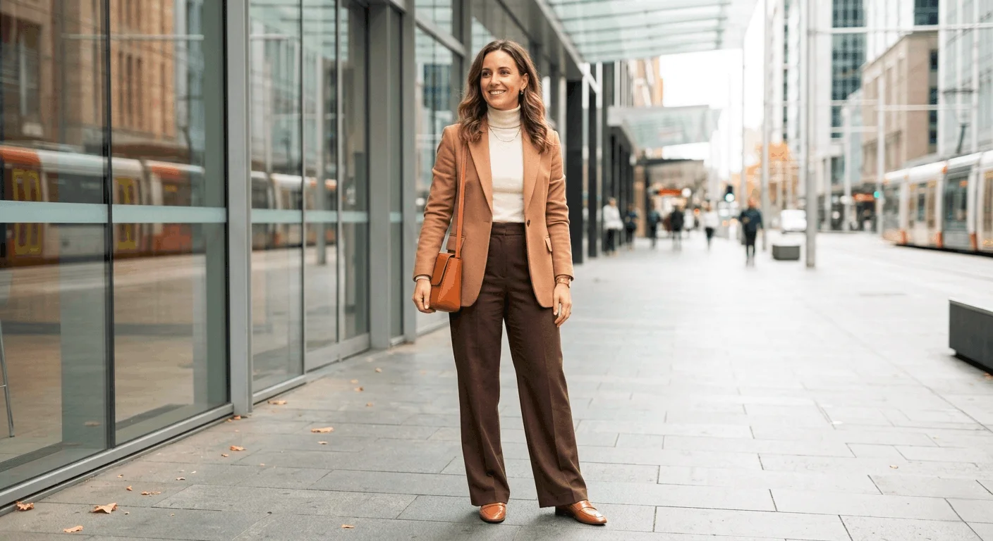 Smart casual autumn outfits Australia 2026 — woman in wide-leg brown trousers, ivory turtleneck, camel blazer and loafers for a polished April look
