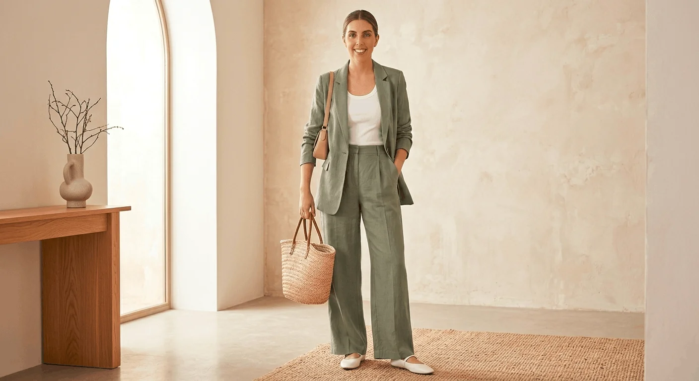 smart casual co-ord spring outfit 2026 sage linen blazer and wide leg trouser set with white ballet flats
