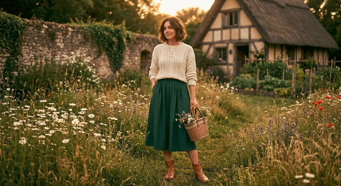 Soft Irish girl aesthetic outfit for St. Patrick's Day 2026 — cream cable-knit sweater with forest green midi skirt and brown leather boots