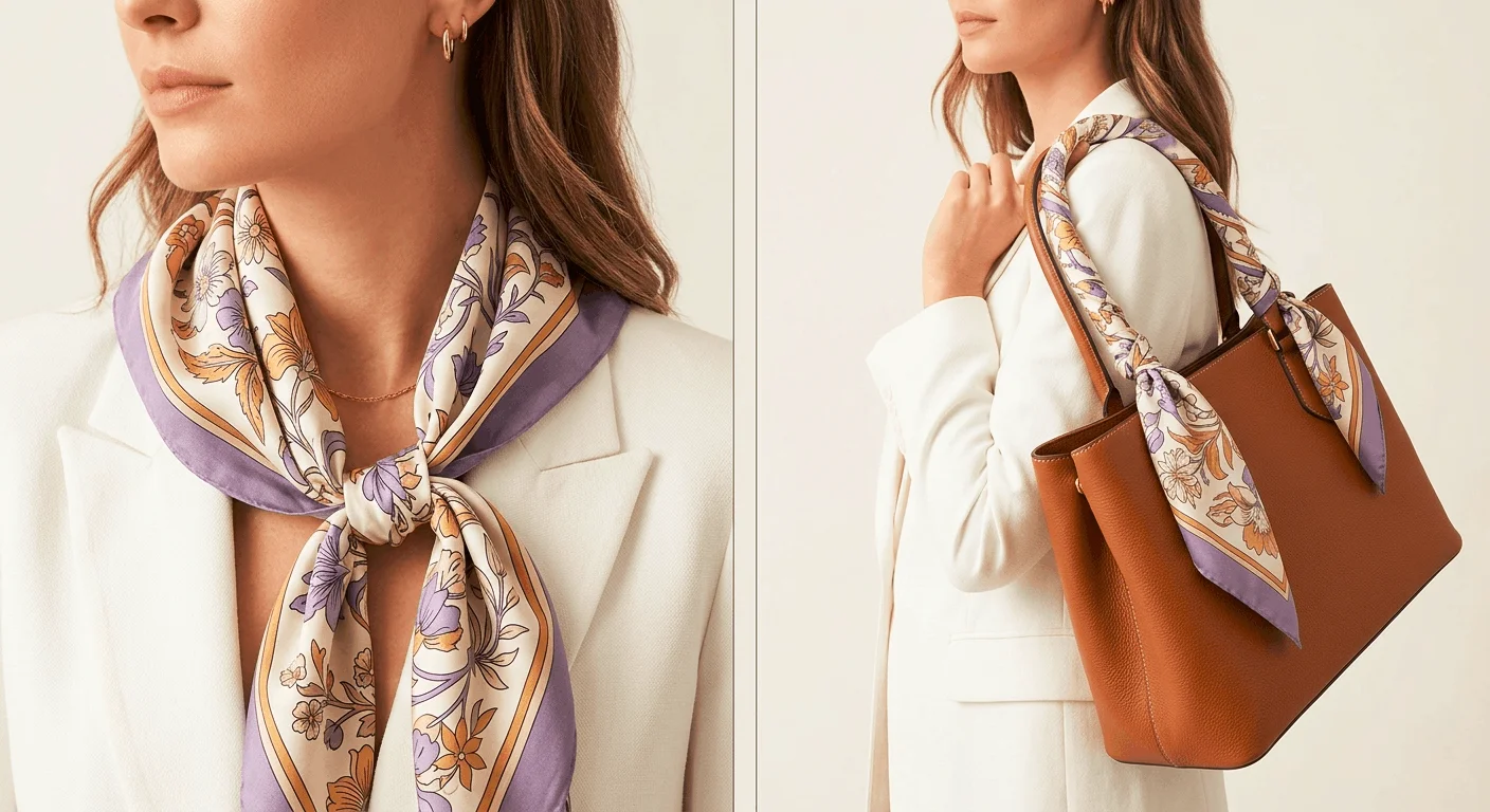 Spring 2026 accessories trends — printed silk scarf styled two ways: loosely knotted at the collar of a white blazer and tied around a caramel leather tote handle