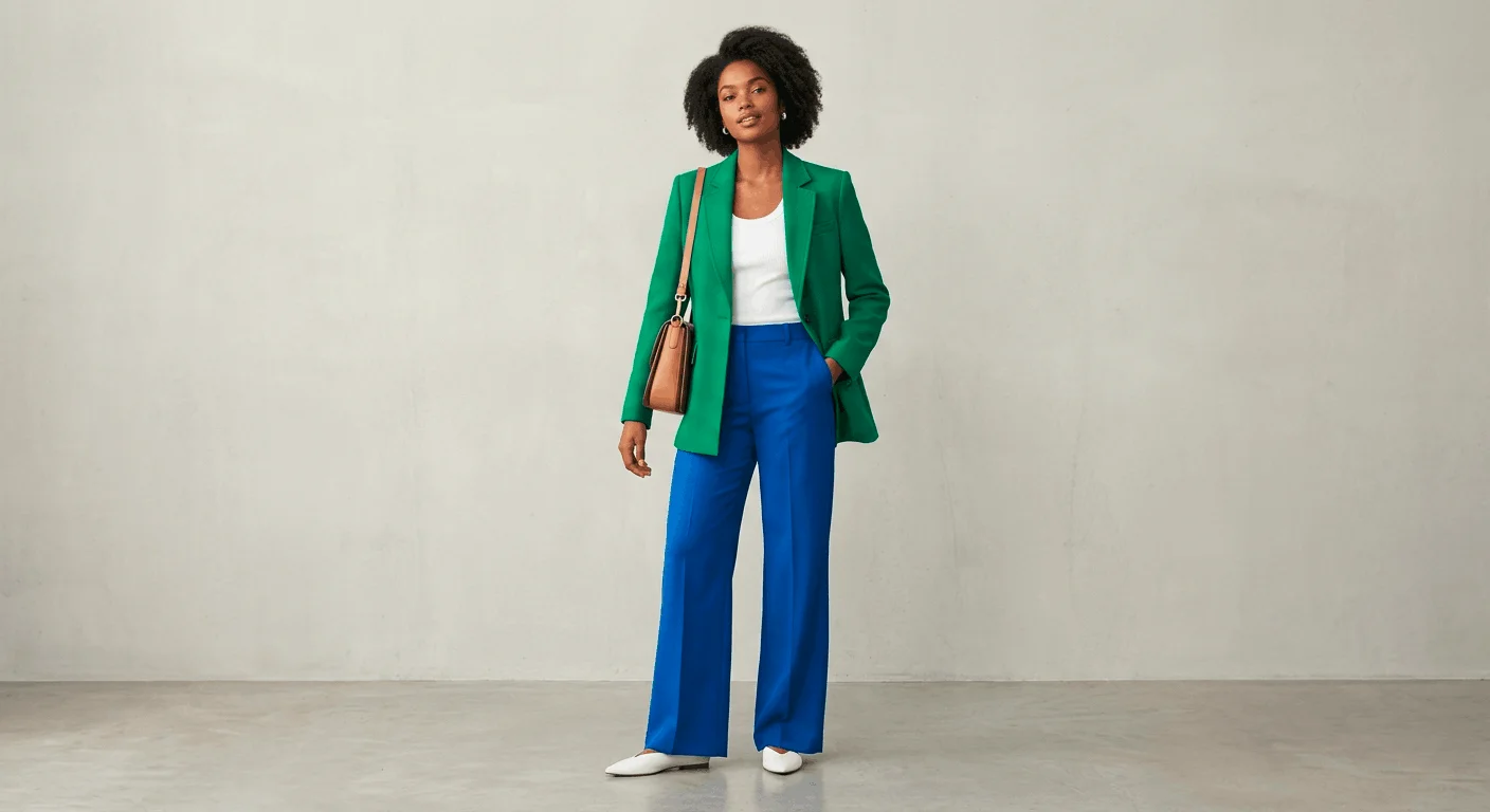 Spring 2026 color blocking outfits — cobalt blue wide-leg trousers with emerald green blazer and white tank top, styled with camel bag and white flats