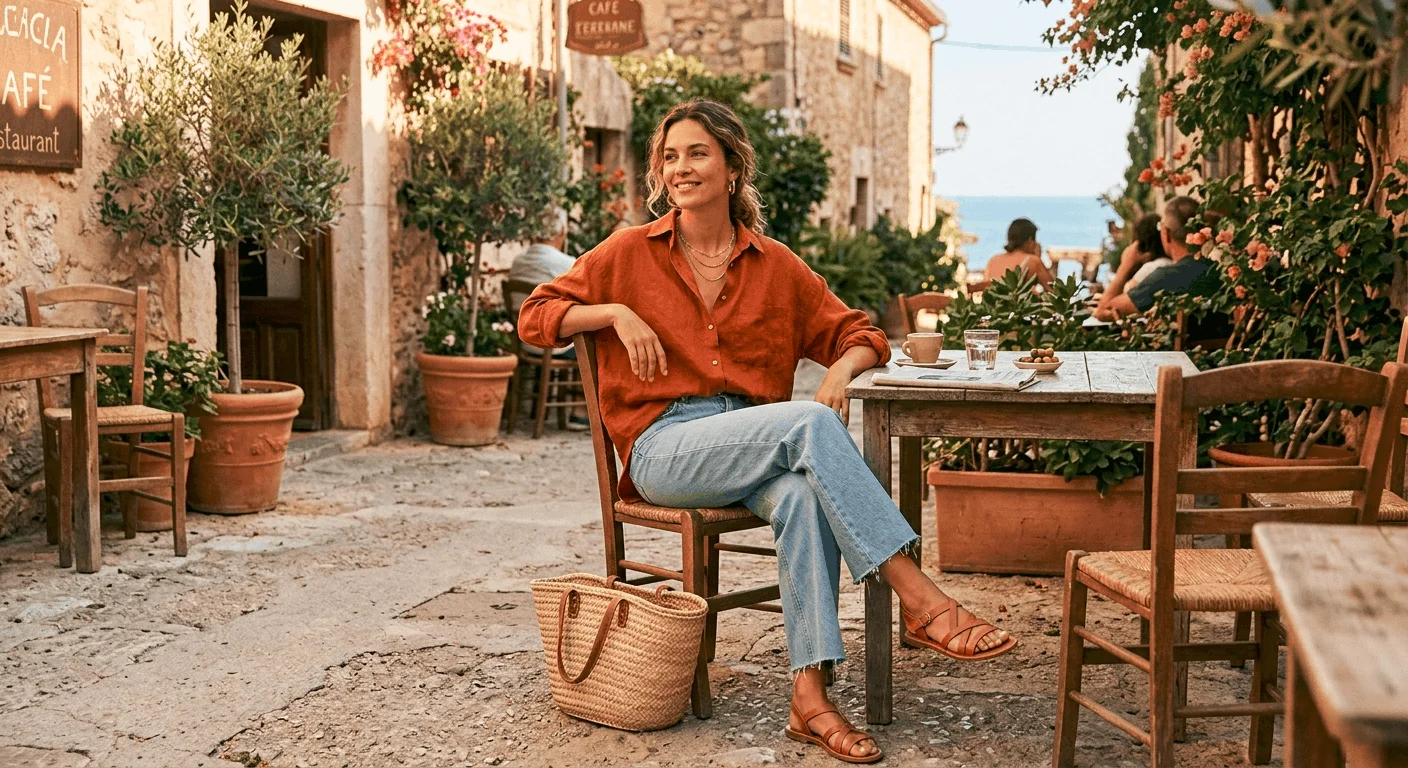 Spring 2026 color trends — terracotta linen shirt tucked into light-wash wide-leg jeans with tan sandals and woven rattan tote at a spring café terrace
