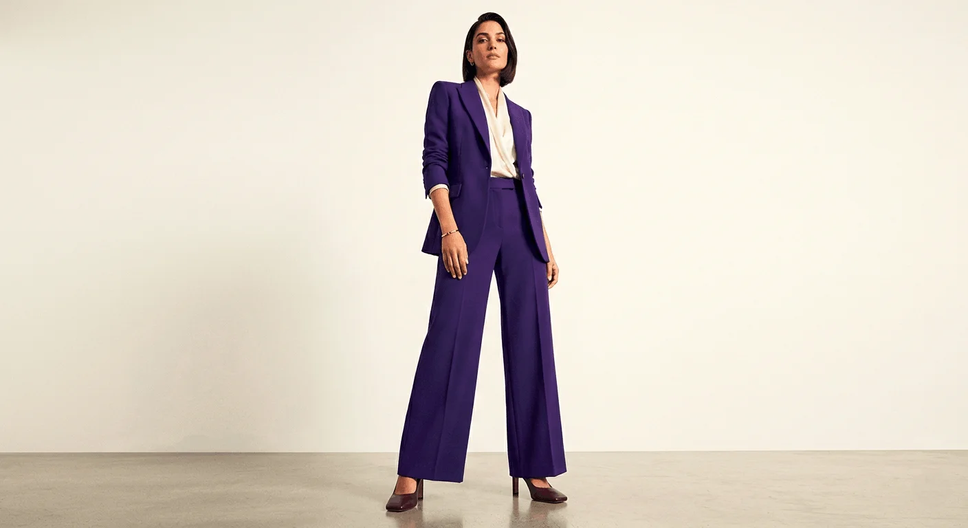 Spring 2026 color trends — rich violet head-to-toe tonal outfit with wide-leg tailored suit, cream blouse and plum square-toed heels