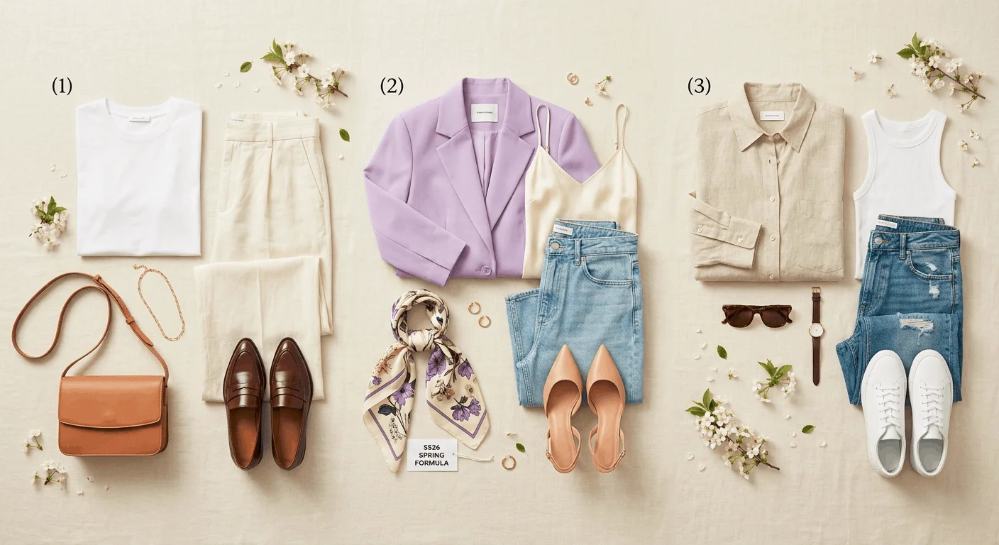 Spring 2026 outfit formulas — flat lay guide showing three easy spring outfit combinations including basics, blazer formula, and weekend linen edit