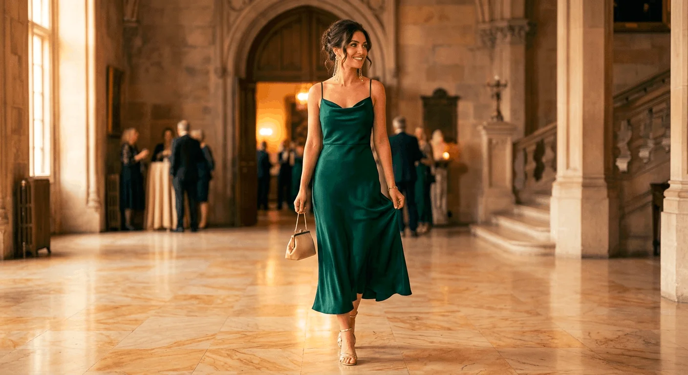 Spring 2026 romantic fashion — deep emerald satin midi dress with gold strappy heels, chandelier earrings and gold clutch for a spring occasion or wedding
