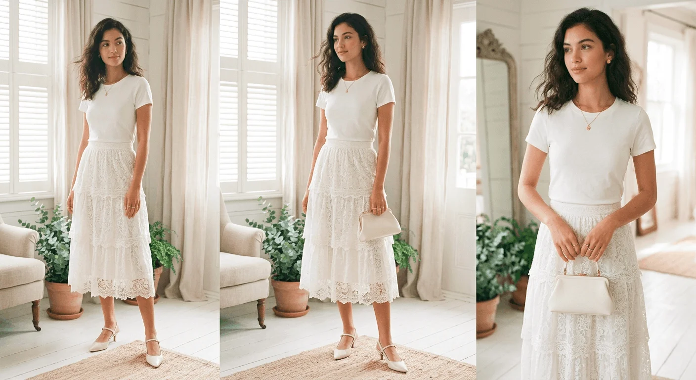 Spring 2026 romantic fashion — white lace tiered midi skirt with fitted cotton tee, ivory kitten heel slingbacks and gold jewellery in a soft airy room