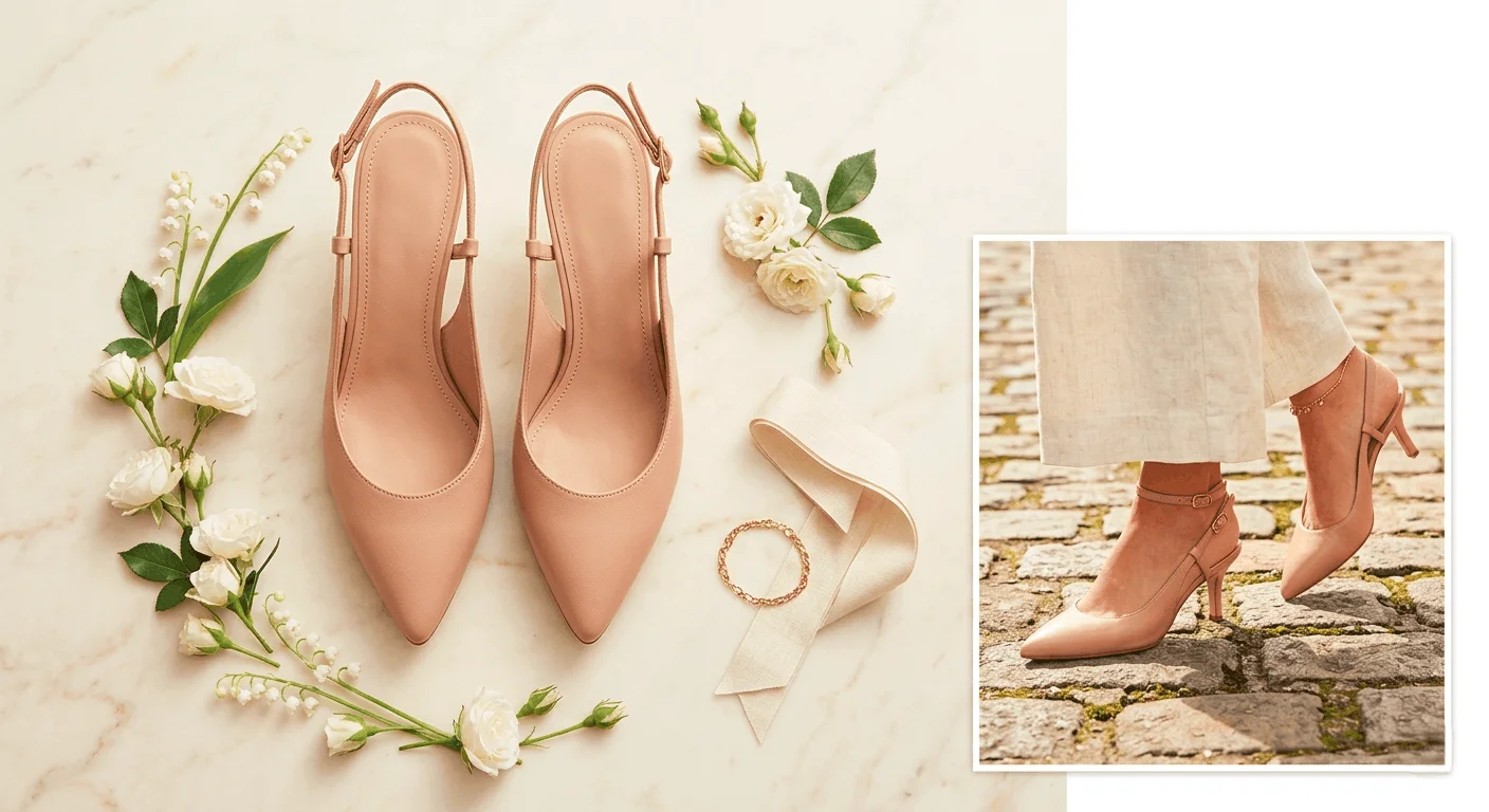 Spring 2026 shoe trends — classic nude pointed-toe slingback heels on marble surface with white flowers, and styled with wide-leg cream trousers on cobblestone