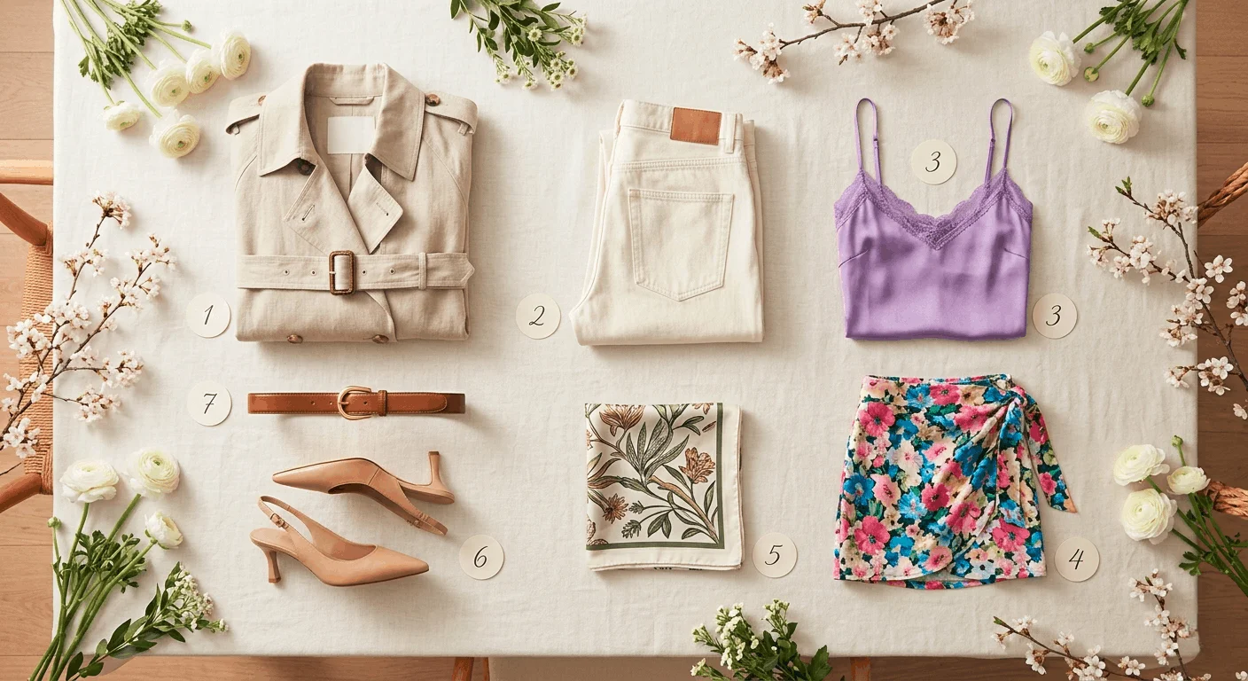 Spring 2026 wardrobe essentials — flat lay of 7 must-have pieces including trench coat, wide-leg jeans, silk scarf, slingback heels and floral skirt