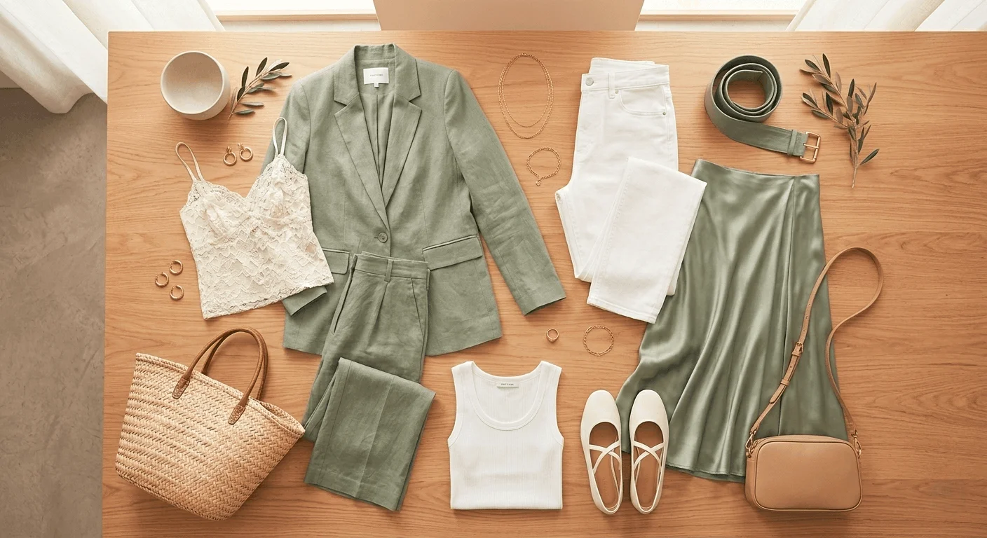 spring capsule wardrobe 2026 flat lay with satin skirt white jeans trench coat and accessories