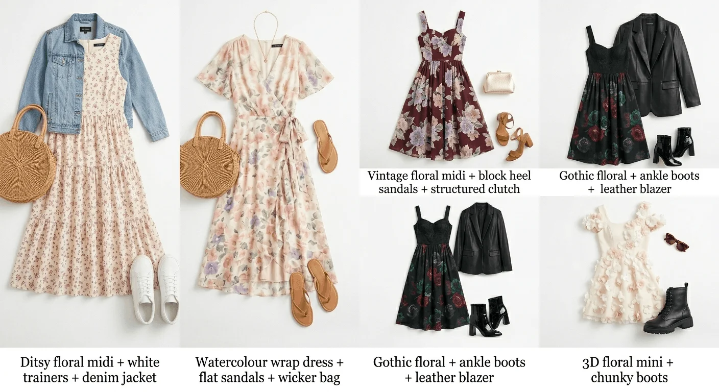 Five spring floral dress outfit ideas for 2026 shown as a styled grid — casual day look, brunch outfit, wedding guest, evening and festival styling