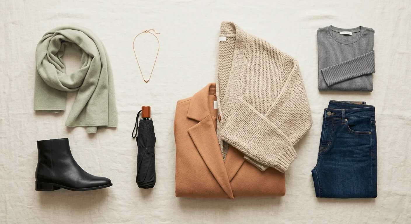 Spring layering outfit flatlay for UK March weather — camel coat, chunky knit cardigan, ribbed top, jeans, and ankle boots arranged on cream linen background